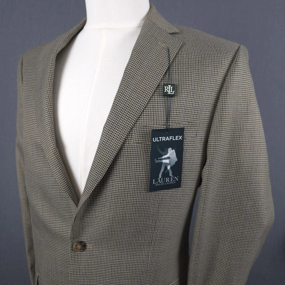 Lauren Ralph Lauren UltraFlex Blazer Mens 40 Long‎ Brown Houndstooth Jacket